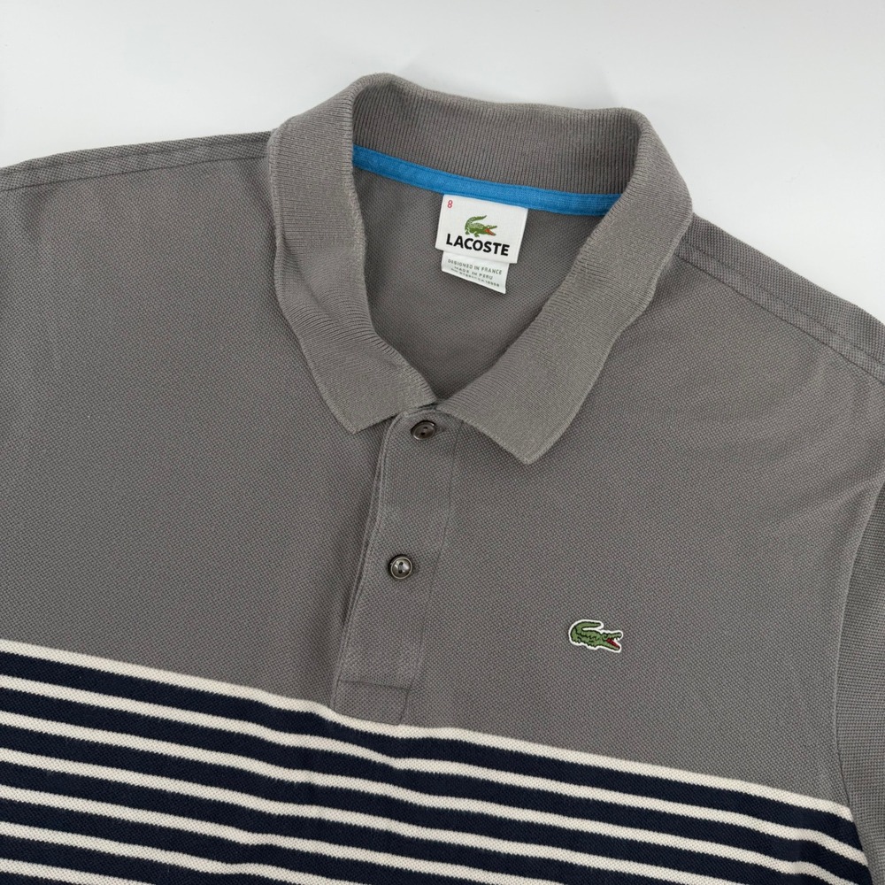 Lacoste Polo Shirt Mens 8 XXL Grey Navy Striped Colorblock Pique Cotton 5191L